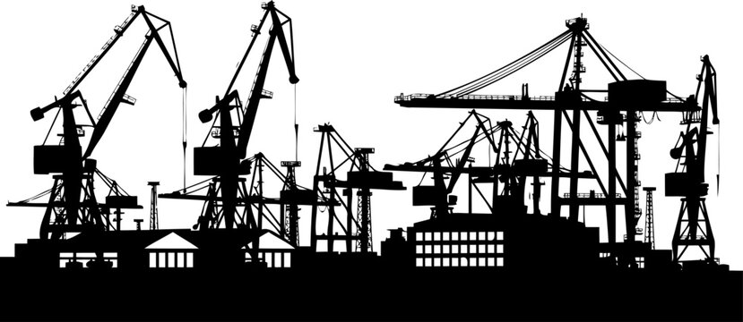 Harbor dockyard silhouette shows numerous industrial shipping cranes