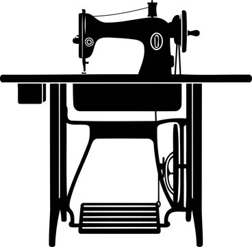 Vintage manual sewing machine on a wooden table silhouette