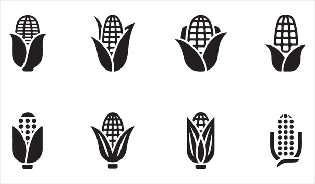Minimal black corn silhouettes collection isolated on white background for agriculture and food design