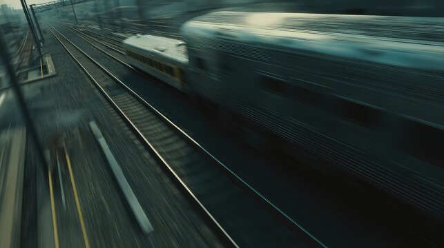 Fast train moving along railway tracks creating motion blur