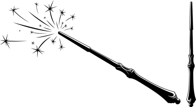 Wizards magic wand silhouette casting a spell with sparkling stars