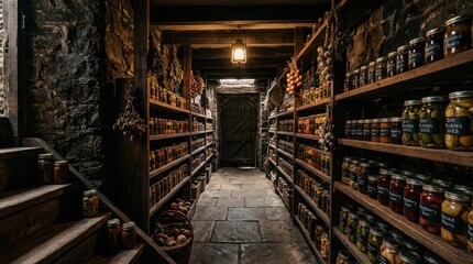 Fototapeta premium Rustic root cellar filled with jars of preserved food and hanging herbs