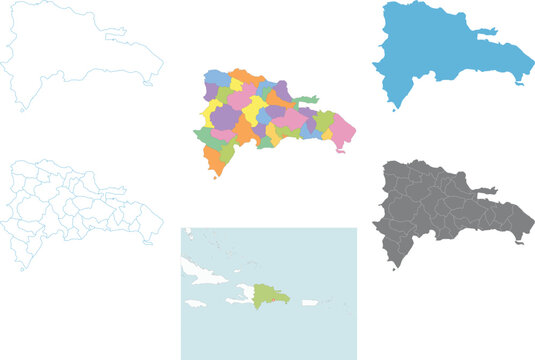 Comprehensive map set of the Dominican Republic featuring administrative regions, outlines, and colorful provincial divisions for geographic design.