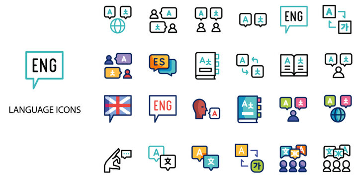 Language simple concept 24 color icons set .Vector illustration.