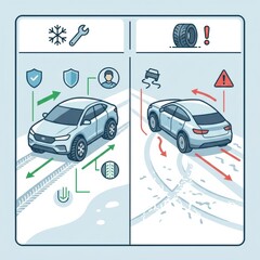 Fototapeta premium Understanding Road and Traffic Safety With Winter Tires Versus Standard Tires During Winter Conditions in a Snowy Environment