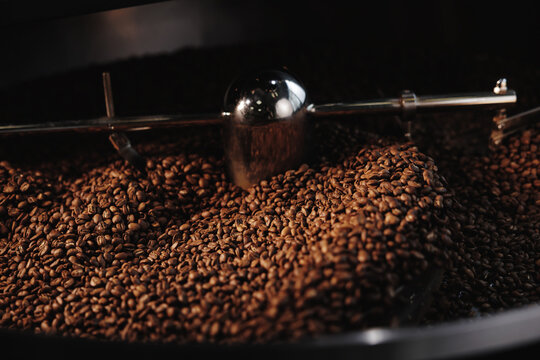 Roasted coffee beans being mixed by metal agitator in roaster drum, Roasting shop factory