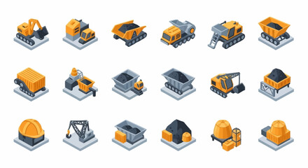 Isometric icons of mining and construction vehicles and equipment, including excavators, dump trucks, and loaders, presented in a clean, modern style. © Buka