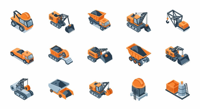 Collection of isometric construction vehicles and heavy machinery icons on a white background.