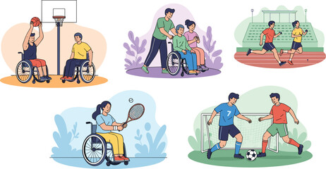 Fototapeta premium Adaptive Sports and Inclusive Activities Collection Featuring Wheelchair Basketball, Tennis, Running and Soccer Flat Vector Illustration Set
