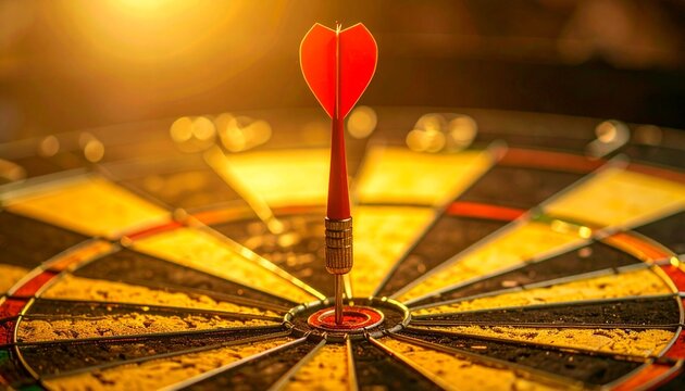 Red Dart Hitting Bullseye on Dartboard
