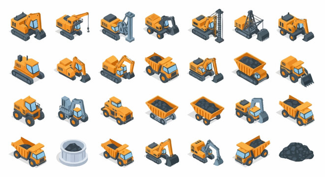 Collection of isometric construction vehicles and mining equipment, including excavators, dump trucks, and diggers, presented on a white background.
