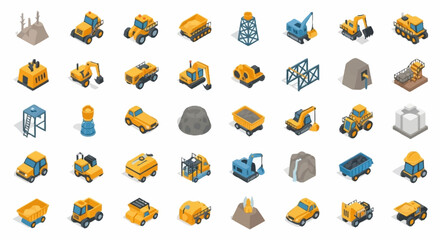 Isometric construction vehicles and equipment icons collection, including excavators, dump trucks, and cranes. © Buka