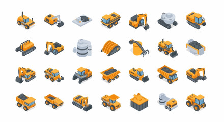 Collection of isometric construction and mining vehicles and equipment, isolated on white background. © Buka