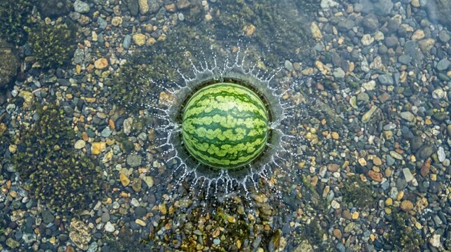 High-speed action shot of a fresh watermelon splashing into clear river water, creating a large crown spray over a rocky pebble riverbed background