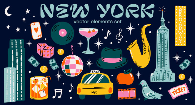 New York city aesthetic vector sticker elements set with illustration of NYC landmarks, Broadway, jazz, taxi and nightlife icons for travel blog, poster design