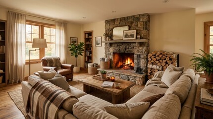 Naklejka premium Cozy living room with a stone fireplace and comfortable sectional sofa