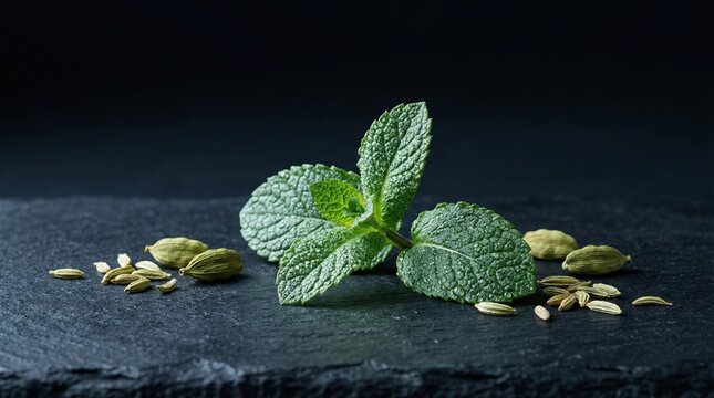 Fresh Mint Leaves with Cardamom Pods and Fennel Seeds on Dark Slate Background - Aromatic Herbal Ingredients for Cooking and Tea