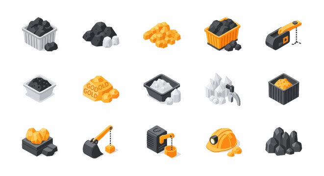Set of isometric icons representing coal mining industry elements and resources.