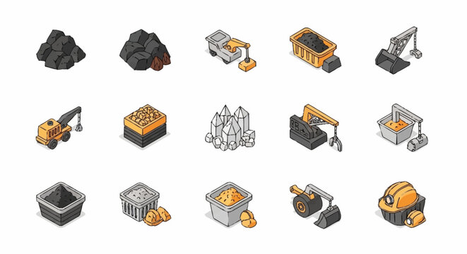 Isometric icons representing coal mining industry, including piles of coal, excavators, trucks, and mining equipment.