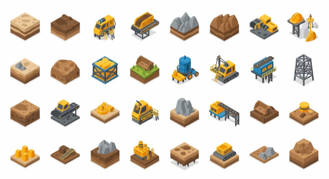 Collection of isometric 3D icons representing construction, mining, and industry elements on various terrains.
