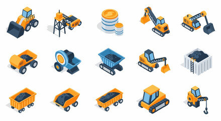 Isometric construction vehicles and mining equipment collection, including excavators, dump trucks, and loaders. © Buka
