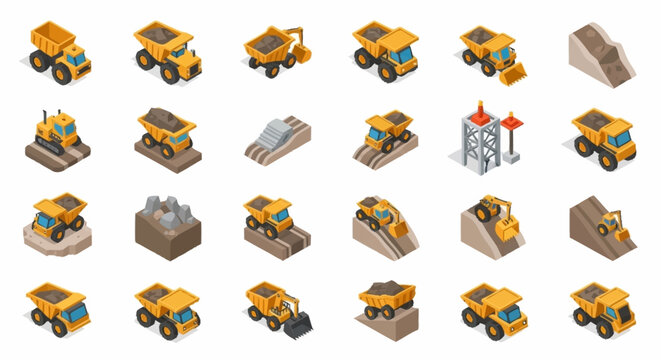 Isometric construction vehicles and equipment collection, including dump trucks, excavators, and loaders on various terrains and inclines.