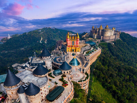Aerial view of ba na hills resort with castles and lush landscape in Da nang, Vietnam