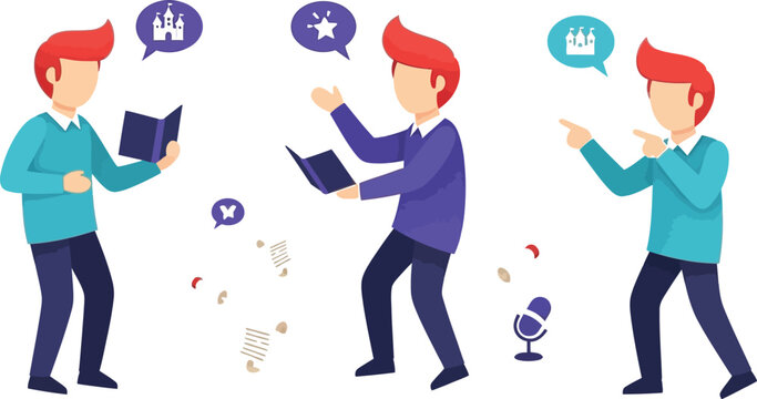 Men illustrate storytelling concepts with speech bubbles and various icons.