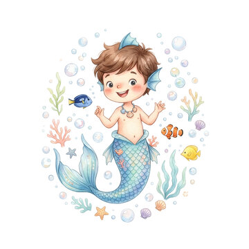 Cute cartoon merman boy with fish and coral surrounded by bubbles