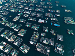 Aerial view Floating fish cage platforms arranged in aquaculture farm on sea © Parilov