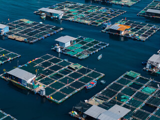 Aerial view Floating fish cages and boats in open coastal waters © Parilov