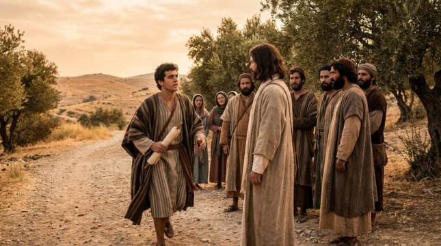 Jesus Christ teaching a man holding a scroll with disciples in the background. Biblical scene of religious ministry in ancient Israel. Christian gospel narrative and spiritual faith concept.