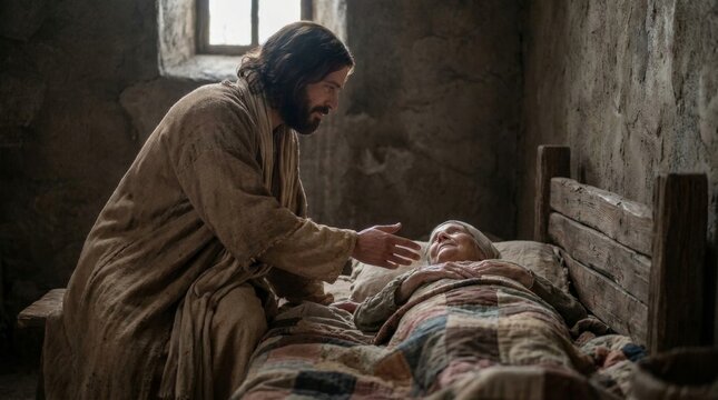 Jesus Christ healing a sick woman lying in a rustic bed in a dark stone room. Biblical scene depicting miracle of faith and compassion. Christian religious history and heritage.