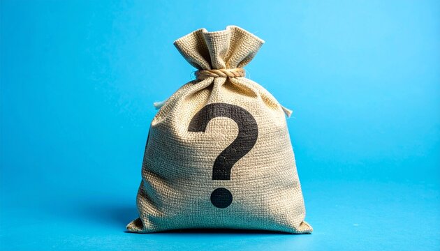 Burlap Sack with Question Mark on Blue Background