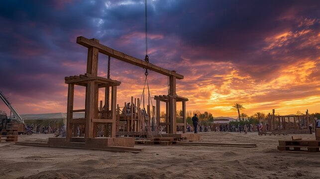 Haman watches as workers raise a towering gallows at dusk, the orange-purple sky revealing pride, plotting, and a dark plan nearing completion.
