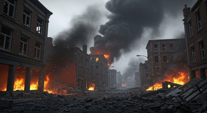 A city street is devastated by a massive fire and explosion with smoke and flames everywhere and rubble on the ground