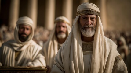 Fototapeta premium Solomon leads as Levites carry the Ark toward the Temple, while Israel fills the courtyard, the golden light revealing unity, reverence, and sacred fulfillment. 