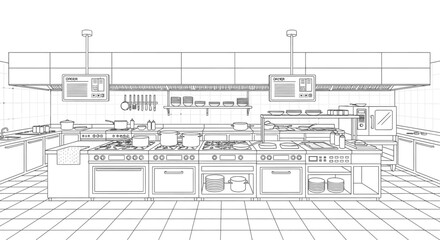 Fototapeta premium Line drawing of a commercial kitchen interior with appliances and countertops on a tiled floor.