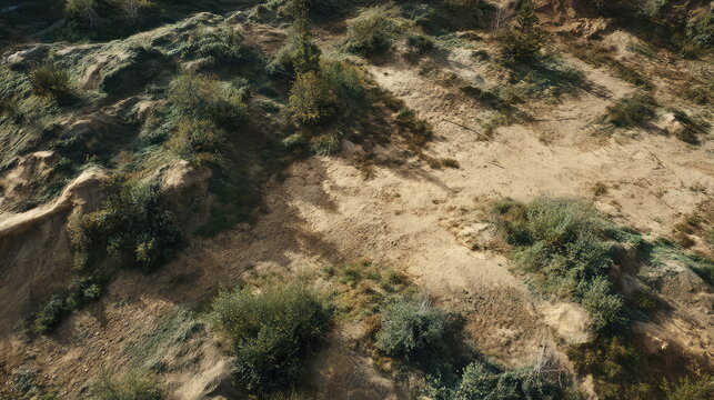 Arid landscape with sparse growing shrubland and sand dunes