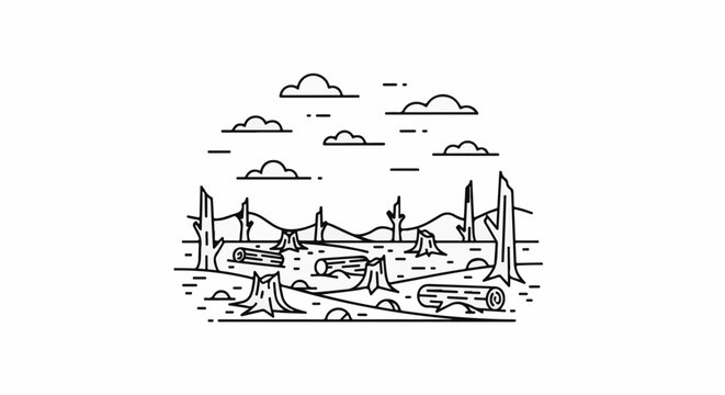 Deforestation scene with stumps, logs, and broken trees under clouds