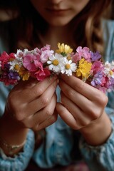 Fototapeta premium Woman Crafting Floral Crown with Colorful Wildflowers in Natural Light