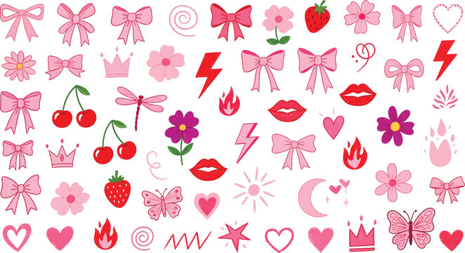 Large collection of cute pink girly stickers and icons with crayon texture isolated on white background