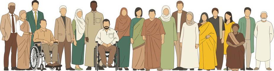 Fototapeta premium Diverse Group of People Representing Various Cultures, Genders, and Abilities in a Unified Community Illustration