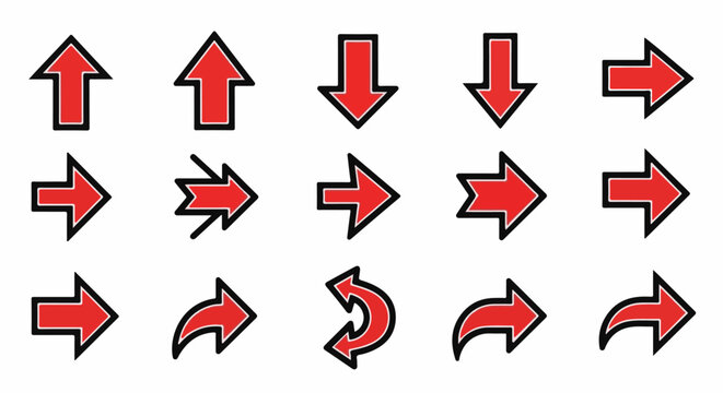 Collection of red arrows pointing in various directions and curved
