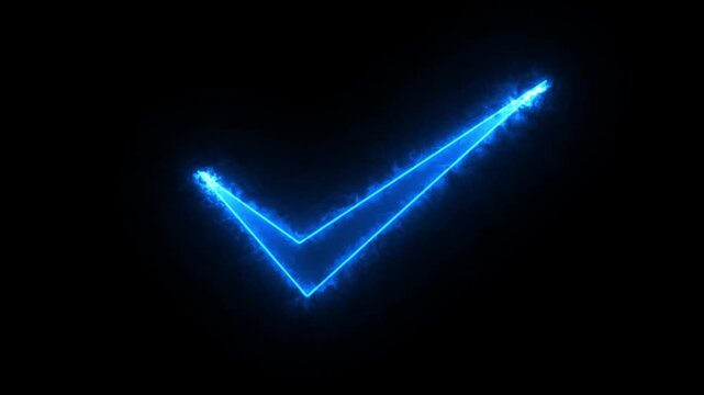 4K looping neon check mark icon animation with luminous glow, ideal for success, approval, and UI confirmation screens. Check mark icon neon animation with glowing light and shimmering haze effect on 