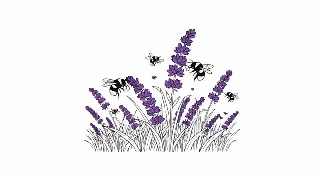 Bumblebees fly around purple lavender flowers with green stems