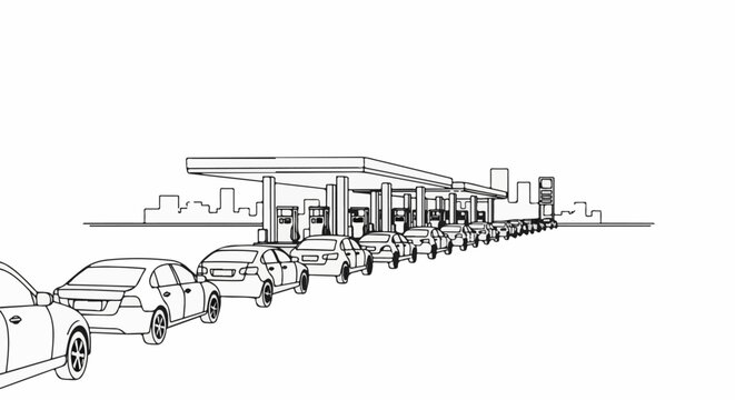 Cars lined up at a gas station with a city skyline in the background