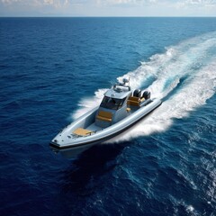 Naklejka premium A sleek gray motorboat speeding across the vast expanse of the ocean