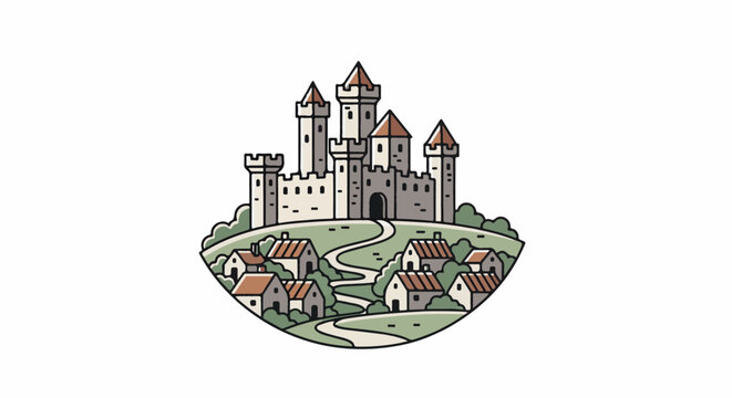 Cartoon style illustration of a medieval castle on a hill above a village