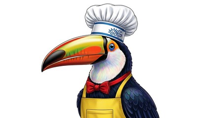 Obraz premium Cartoon toucan bird wearing chef hat and apron
